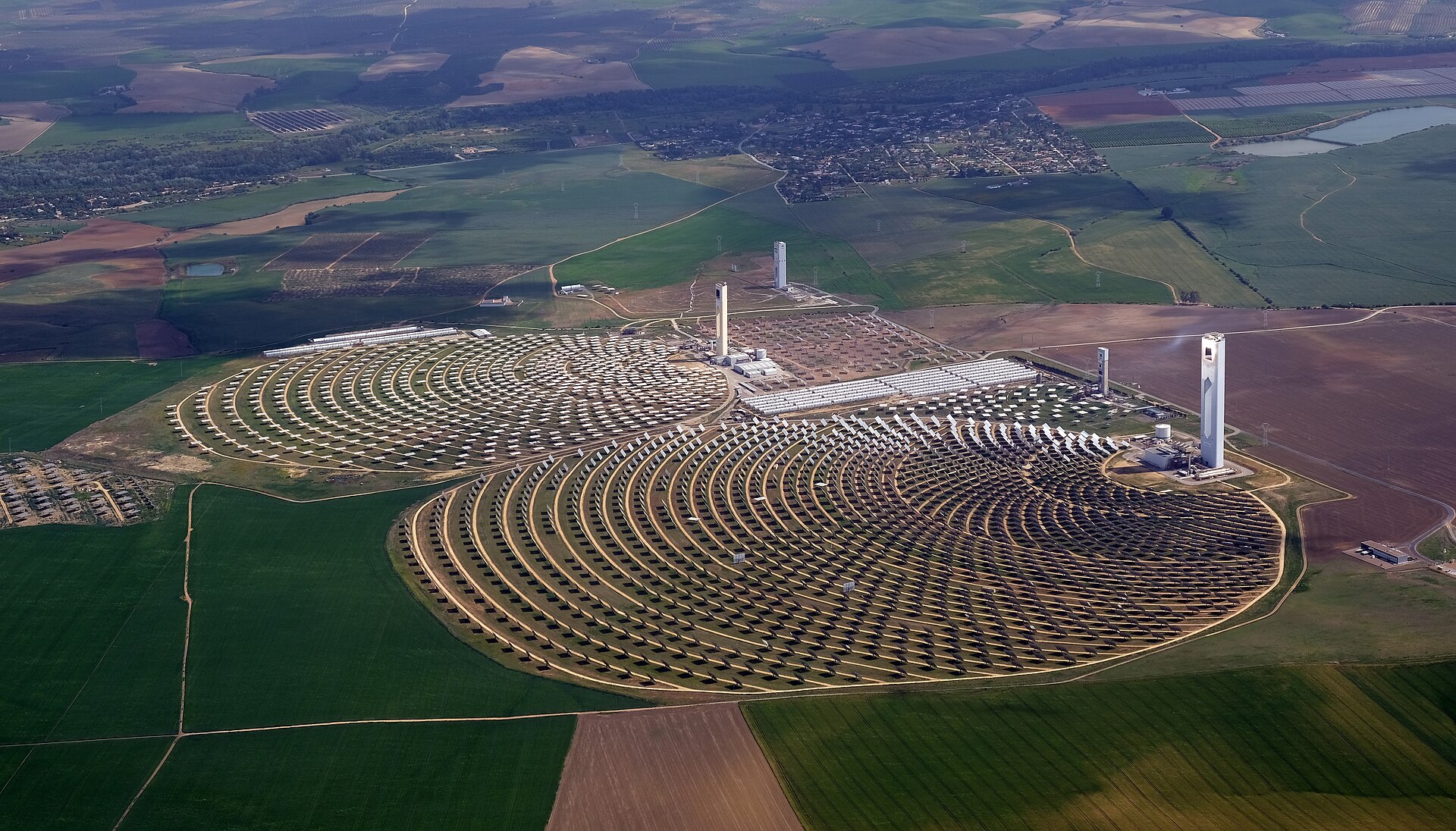 Aerial photograph of utility-scale solar energy infrastructure